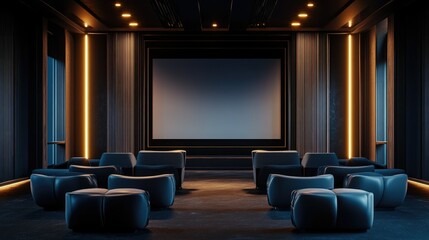 Modern conference room with plush seats arranged neatly in front of a large, unlit projector screen on stage.