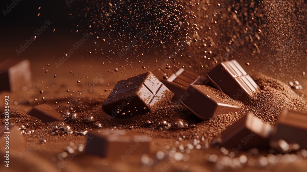 Poster Chunks of chocolate with cocoa powder dusting in action shot