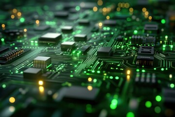 Obraz premium Close-up view of a circuit board illuminated by green lights showcasing technology in detail