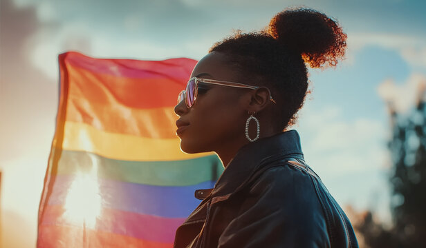 Confident Woman at LGBTQ Pride Parade with Rainbow Flag Reflected in Sunglasses