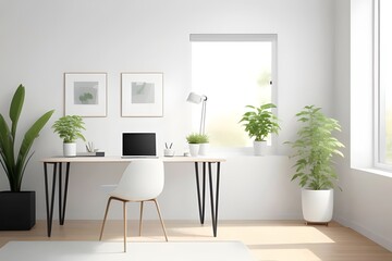 a white, modern home office, workspace, minimalist, desk, computer, chair, stylish, organized, functional, decor, contemporary, sleek, ergonomic, creative, productive, efficient, clean, bright, airy