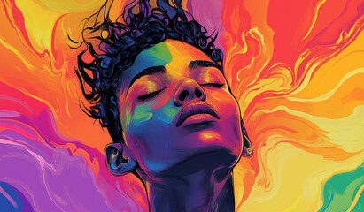 Vibrant Abstract Portrait of a Woman with Eyes Closed in Multicolored Swirls