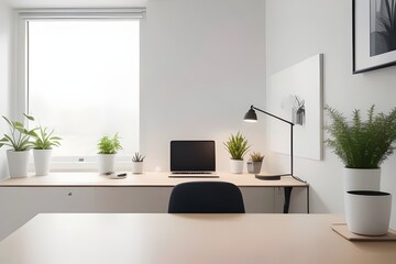 a white, modern home office, workspace, minimalist, desk, computer, chair, stylish, organized, functional, decor, contemporary, sleek, ergonomic, creative, productive, efficient, clean, bright, airy