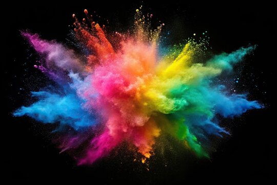 Colourful chalk explosion dust cloud isolated on a black background wide-angle