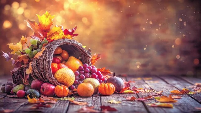 A colorful cornucopia is overflowing with ripe fruits surrounded by vibrant autumn leaves