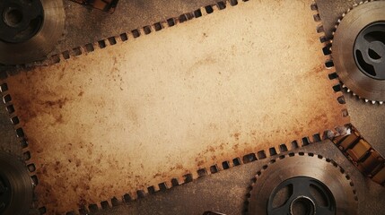 Old film strip frame with a blank center, featuring a textured paper background with a vintage feel.