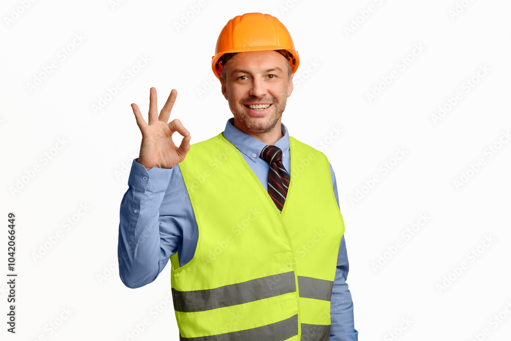 Poster building is okay. construction site worker gesturing ok posing over white studio background, smiling