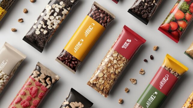 Overhead flat lay of a set of energy bar packaging templates, showcasing different angles and branding options.