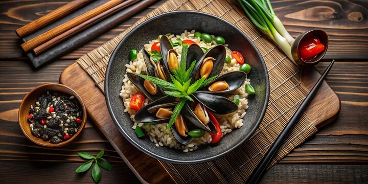 Top View of Japanese Chahan Rice with Mussels and Vegetables in Black Bowl on Slate Board
