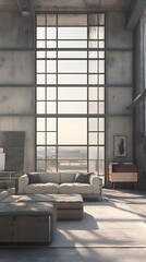 Industrial Living Room with Metal Furniture and Concrete