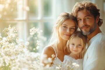A joyful family portrait in a sunlit room surrounded by blooming flowers