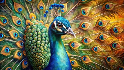 Obraz premium Point of view painting of a peacock with colorful feathers in the background