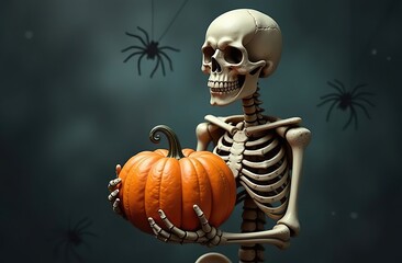 The concept of a skeleton holding a pumpkin is a funny and creative concept for decorations that combine food, humor, and the holiday season. 
Gloomy Background Cobweb Spiders Halloween Concept