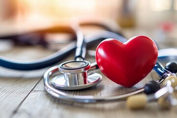 Heart Health Checkup: Red heart model and stethoscope on wooden table.  Close up shot emphasizes the importance of cardiovascular health.