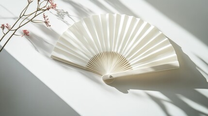Overhead shot of a modern white folding hand fan, displayed on a bright white surface, ideal for product design.