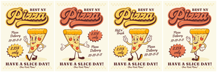 Groovy Pizza Retro Character Posters Set. Cartoon Street Food Slice Walking and Smiling. Vector Fast Food Delivery Mascot Templates Collection. Happy Vintage Cool Illustrations Isolated