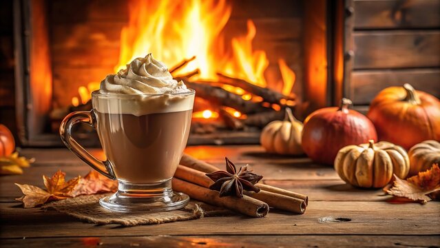 Cozy autumn hot chocolate with whipped cream and marshmallows by the fireplace, asymmetrical composition