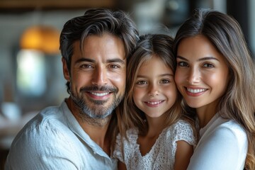 A happy family of three smiling together in a cozy indoor setting during daylight hours