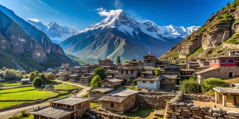 Traditional Stone Building Village of Manang in Annapurna, Nepal Surrounded by Majestic Himalayan Mountains