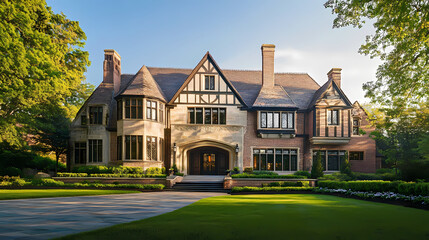 Sophisticated tudor style mansion with cutting edge smart home technology and classic design. Tudor Mansion. Illustration