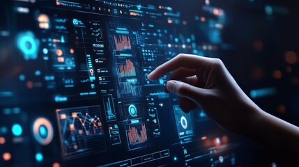 Big data in hud and icon ui with hand selecting and pressing big data symbol and modern interface. Big Data. Ultra realistic. Photorealistic