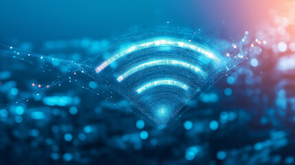 High-tech cityscape with glowing network hubs, wifi signals flowing between buildings, advanced technology in a modern city