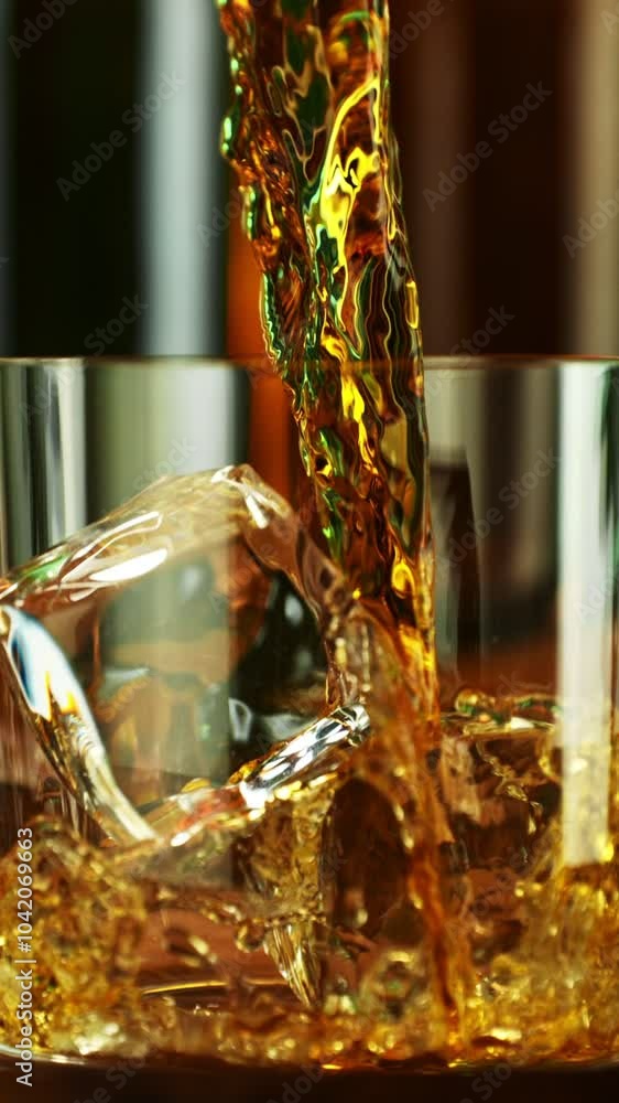 Poster super slow motion of pouring whisky into glass with speed motion. filmed on high speed cinema camera