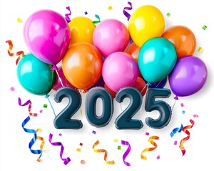 Colorful balloons with the number 2025, perfect for celebration or New Year's Eve.