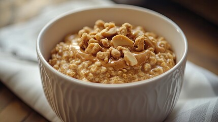 Peanut butter swirled into a bowl of oatmeal, adding a creamy, nutty touch to a healthy breakfast.