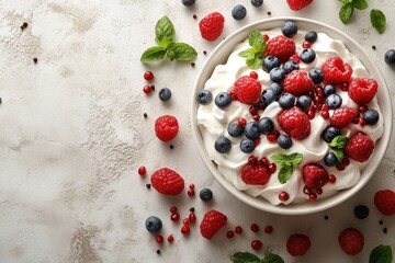 Freshly prepared dessert featuring whipped cream and mixed berries on a textured background