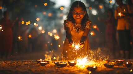 A Diwali celebration with people bursting eco-friendly firecrackers that produce colorful but minimal smoke, set in an open field. The atmosphere is filled with the glow of sparklers, diyas,