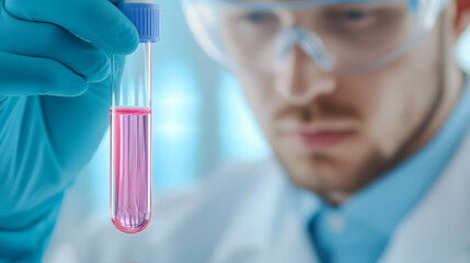 Scientist looking at test tube represent experimentation and new discoveries. Discovering new treatments for diseases.