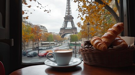 The Eiffel Tower seen through window, with a cup of coffee and a croissant in the foreground, symbolizing the essence of Parisian life.