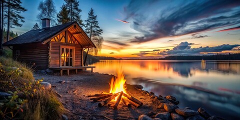 Fototapeta premium Cozy cabin with fire pit by the water