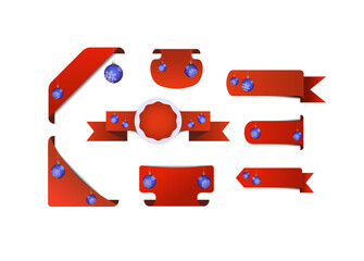 Fototapeta premium Red christmas ribbon label set with blue baubles, snowflakes vector. 3d sticker vector set to use for christmas sale, promotion, web offer, badge, discounted price tag, christmas card, holiday offer. 