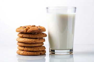 Composition of milk and cookies with glass of milk on white background - Powered by Adobe