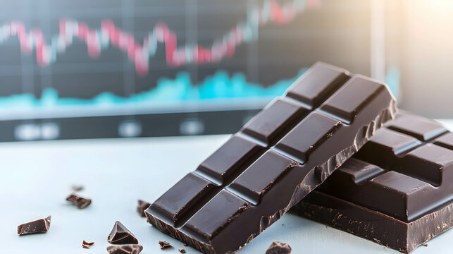 Increase in demand and consumption of cocoa concept. The increase in the price of cocoa and chocolate, used ingredients in food and desserts. stock market chart background.