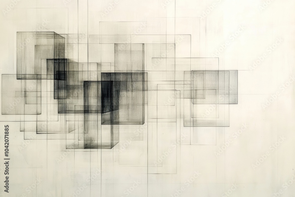 Poster Cubes of various sizes and shades are connected by diagonal lines, forming an intriguing abstract composition on a light backdrop. Generative AI