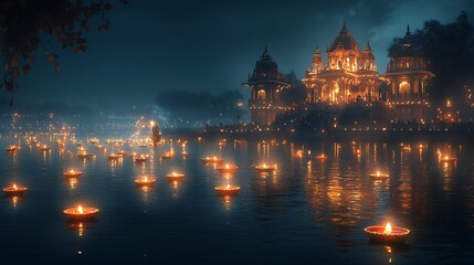 Obraz premium A Diwali night at a riverside temple, with devotees lighting floating diyas and releasing them into the water. The temple is illuminated with festive lights,