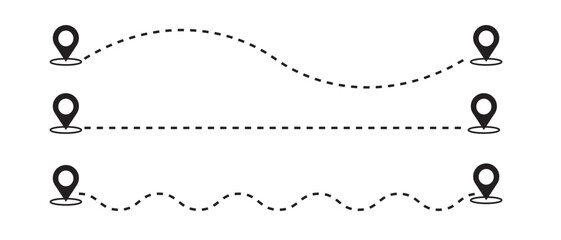 Route  location icon set, two points with dotted line path and location pin.  Travel from start point and end point journey symbol. black color vector illustration isolated on white background.
