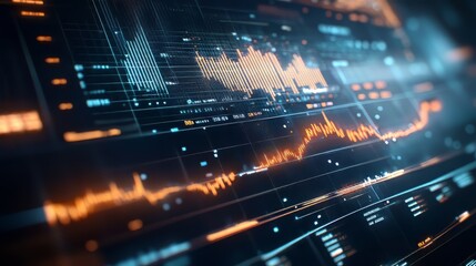 Business AI analysis, big data screen, financial graph, virtual dashboard, tech digital marketing, global economy 3D visualization