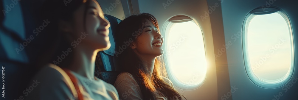 Aufkleber two young women happily enjoying their flight in an airplane at sunset. looking through the window w
