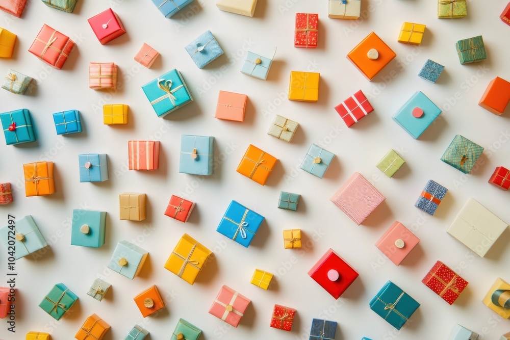 Fototapete An array of small, colorful gift boxes in different sizes displayed in a creative layout, showcasing their diverse designs and patterns. Generative AI