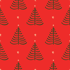 Seamless pattern of Christmas products and Christmas tree. A playful hand-drawn illustration.
