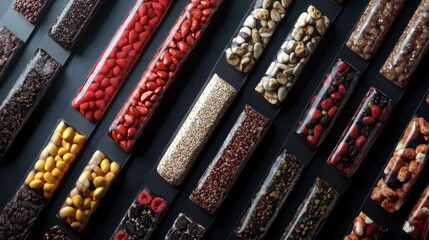 Overhead view of multiple energy bar packaging templates, each with customizable areas for logo placement.