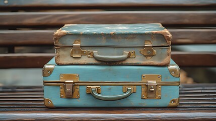 Two vintage suitcases stacked on a wooden bench.