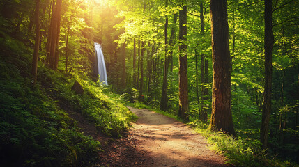 Obraz premium scenic hiking trail winding through dense forest with sunlight filtering through trees, leading to beautiful waterfall. lush greenery creates serene and peaceful atmosphere