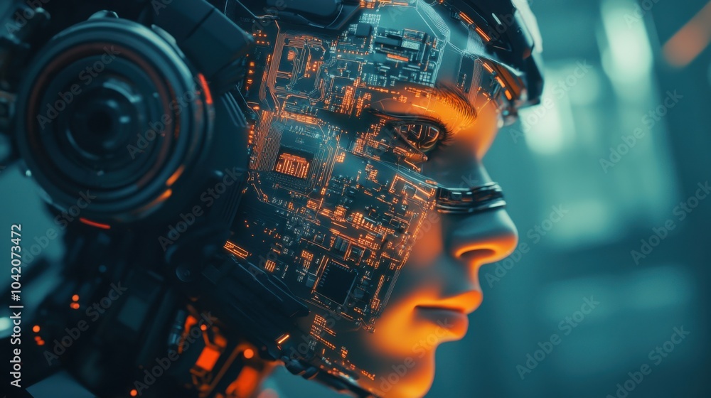 Poster futuristic robot face with intricate circuitry design