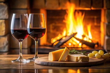 Cozy fireplace scene with wine and cheese