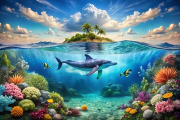 Fototapeta premium Underwater Alphabet: Letter E with a Majestic Whale in a Panoramic Scene